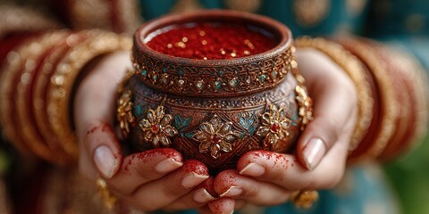 Hands gently hold ornate pot filled with vibrant red powder, adorned with intricate gold and turquoise embellishments, symbolizing tradition and culture.