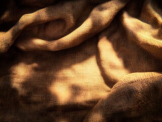 Textured Brown Burlap Fabric Background, Rustic Sackcloth Drape, Golden Light
