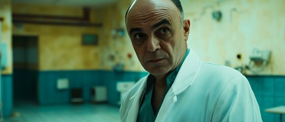 Serious Doctor in Old Hospital Room Dramatic Portrait