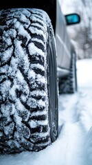 Close-up of a vehicle tire in fresh snow