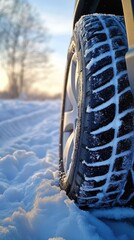 Winter car tire partially buried in snowy terrain