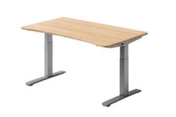 Modern sit-stand desk in light oak finish with rounded edges and metal frame isolated on transparent background.
