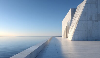 Obraz premium A modern architectural structure with clean lines stands by calm water under a clear blue sky, showcasing minimalist design and geometric forms.