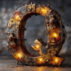 Captivating steampunk letter Q illuminated with warm glowing lights, showcasing intricate mechanical details and a vintage, industrial aesthetic