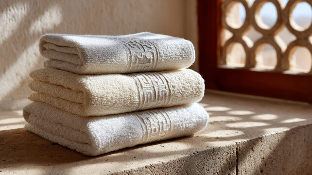Stack of folded towels on a stone surface with sunlight.