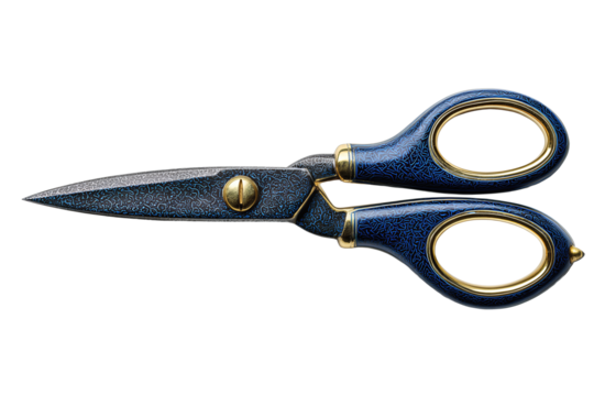 Professional tailor scissors with carbon-steel texture and enamel-finished handles isolated on transparent background.
