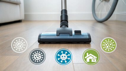 Vacuum cleaner head on wooden floor with virus icons and cleaning symbols around it.