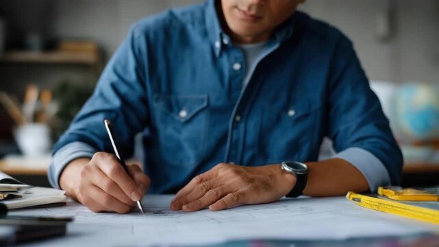 A dedicated artist meticulously draws designs on paper, portraying a commitment to creativity and detail, capturing an inspiring glimpse into the design process and artistic journey.