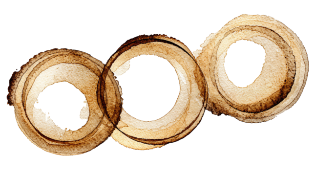 Three overlapping coffee ring stains with soft sepia edges forming a diagonal chain isolated on transparent background.
 - Powered by Adobe