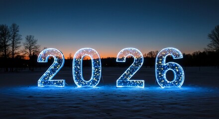 Four large, illuminated, multicolored marquee numbers spelling out 2026 stand in a snowy landscape under a twilight sky, with a set of footprints leading from the foreground directly up to the 