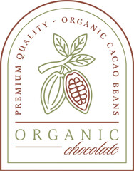Fototapeta premium Organic chocolate natural cacao beans premium quality logo badge label sticker for eco friendly packaging. Plant branch leaf illustration retro minimal fancy boho green aesthetic text design clipart.