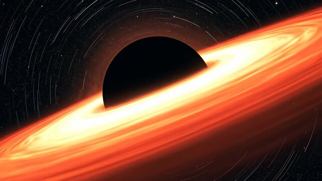 Black hole accretion disk in outer space. Cosmic event horizon funneling matter near singularity in deep universe footage.