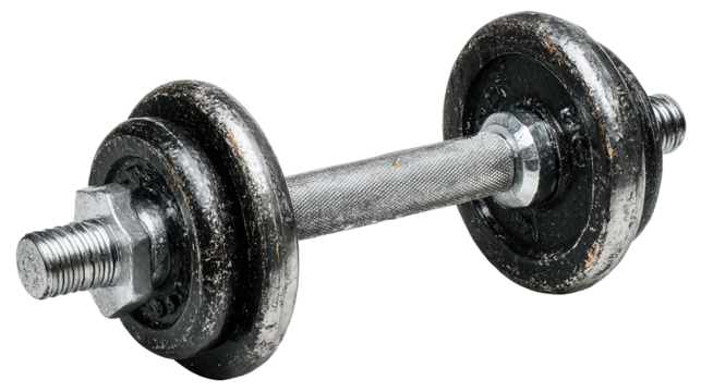 A steel barbell with knurled grip and black weight plates on each side, chalk marks visible, isolated on transparent background.
 - Powered by Adobe