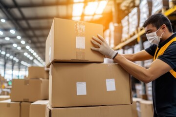 Team of Coworkers Stacking Boxes in Warehouse