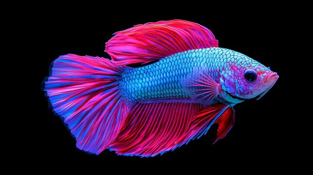 In a striking visual display, colourful Betta fish are photographed in motion, standing out against the darkness of a black backdrop