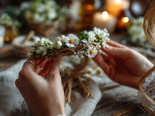 Delicate daisy and wildflower crown meticulously handcrafted with twine, evoking rustic charm and natural beauty for bohemian events or whimsical celebrations.