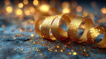 Dazzling golden glitter ribbon curls amidst sparkling bokeh lights, creating an atmosphere of celebration and festive joy for your next event