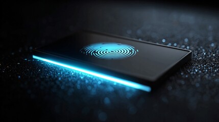 Futuristic fingerprint scanner glowing with neon blue light offers secure access and biometric identification for high tech security solutions, data protection and personal privacy