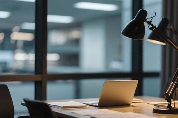 Modern Office Workspace with Laptop and Desk Lamp at Night