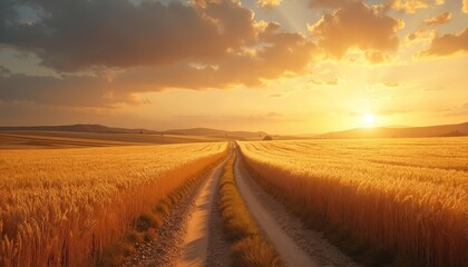 Fototapeta premium Golden wheat field path leads towards setting sun horizon with warm sky clouds. Rural country landscape stretches far away. Beautiful tranquil summer evening nature.