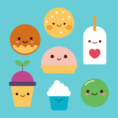 Cute Kawaii Thanksgiving Food Icons Vector _ Cute kawaii icons with smiling faces on food items.