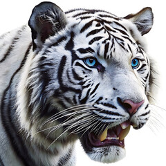 Obraz premium white tiger blue eye roaring isolated on white background, png, ai generated