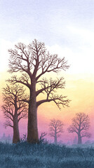 Obraz premium A Serene Sunset Over Silhouetted Trees: Captivating Landscape Art Inviting Tranquility and Connection to Nature's Beauty