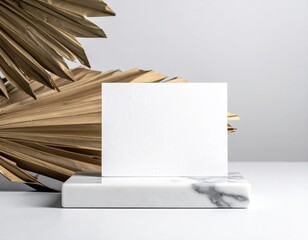 Business card mockup, fan, marble block