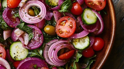 Fresh vibrant salad with red onion, cucumber, tomato and olives