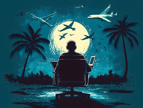 Tropical Night Laptop Work, Man Working Remotely on Beach Under Moonlight with Airplanes Flying