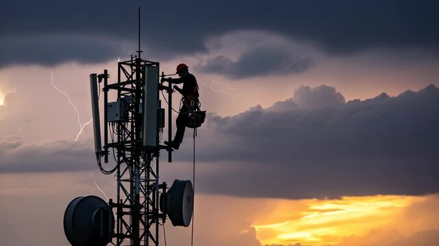 Silhouette of a man working on a cell tower during a lightning storm and sunset. Dangerous job concept, footage.