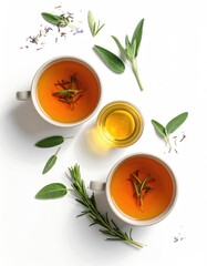 Herbal broth cups on white backdrop