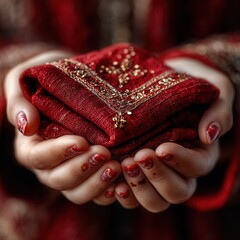 Delicate hands cradle a richly embroidered red fabric, hinting at tradition, celebration, and precious gifts exchanged with love and care.
