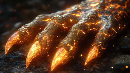 Close-up of golden dragon talons with polished claw tips and glowing veins 
