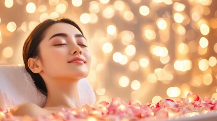 Spa Calming Serene Repose Woman relaxing in a bathtub with flower petals, soft lighting and candles create a romantic and calming atmosphere