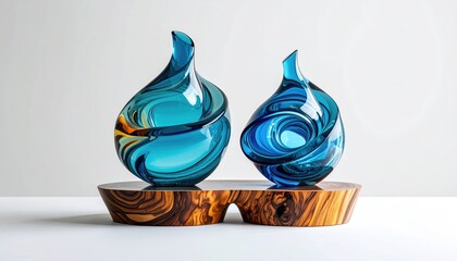 Two sculpted, azure glass vases on wood
