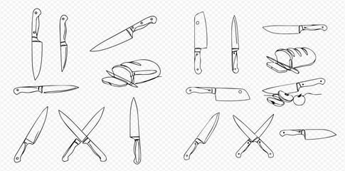 Hand-drawn collection of kitchen knives, including chef's knives, cleavers, and utility knives, some shown cutting bread and vegetables.