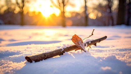 Winter twig and leaf in sunlit snow