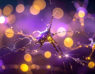 Neuron glowing with light, purple haze