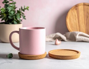Pink mug on cork, with plant & background