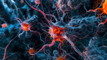 Microscopic medical illustration of brain cells with beta-amyloid protein deposits, tau protein tangles between neurons, cellular detail, scientific accuracy, vibrant cellular colors against dark back
