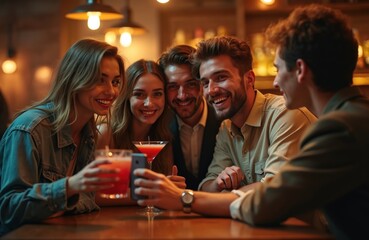 Group of young friends gather at a bar, smiling and taking a selfie together. They hold colorful cocktails and enjoy a night out in a cozy pub. Happy friends take a group photo on a smartphone.