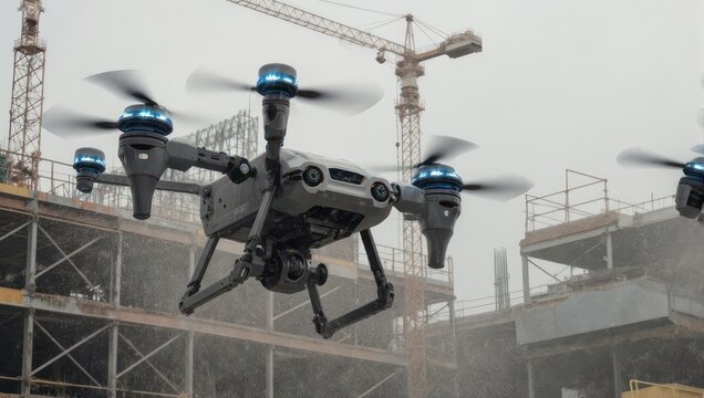 Drones flying above a construction site - Powered by Adobe