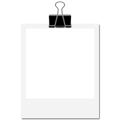 Blank Polaroid Photo Frame with Black Binder Clip on Transparent Background