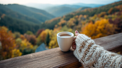 Person's hand in cream knitted sweater holding a white cup of hot beverage on wooden railing. The background is a stunning, blurry panoramic view of a mountain valley covered in vibrant autumn foliage
