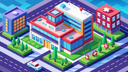 Isometric hospital building vector with ambulance entrance, rooftop helipad, trees, 3D perspective, scalable architecture, vibrant colors, clean lines, professional rendering, detailed healthcare city