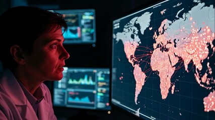 Woman monitor global data on a map. Scientist studies virus spread, epidemiology, and health. Medical research and analysis footage. - Powered by Adobe