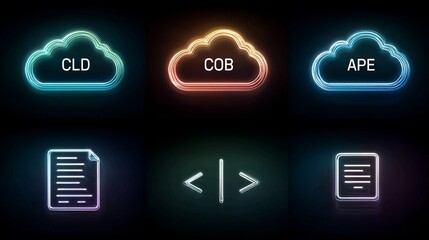 Cloud data storage options glow vibrantly, offering modern solutions for file management and coding documentation with a cool, futuristic aesthetic perfect for tech startups