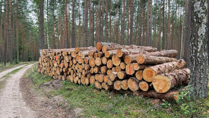 Stacked logs beside a dirt path in a dense forest. Tall trees surround the area, showcasing a...