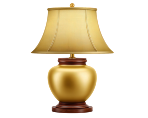 Classic bedside table lamp with golden base and elegant shade creating cozy, warm, and inviting atmosphere for any home interior design. This lighting element isolated